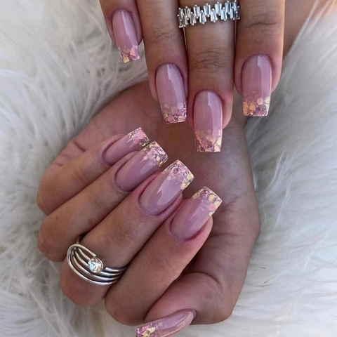 Roze Gradiënt Press On Nagels Glitter Franse Stijl Middellang Vierkant Kunstnagels Afneembare Nagels Voor Dames