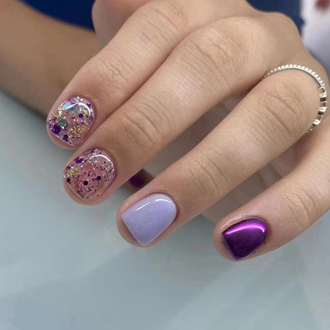 Purple Shimmer Press On Nails Short Square Aurora Glitter False Nails For Women
