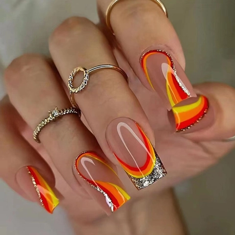 Press On Nails Long Square French Retro Wave Pattern Red Orange Yellow Warm Gradient Glitter Artificial Fake Nails