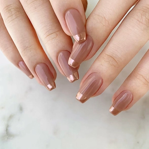 Kunstnagels Press On Franse Gouden Rand Korte Ballerina Vorm Nude Roze Minimalistisch Luxe Kunstmatige Tips Vrouwen Dagelijks Elegant Manicure Accessoire