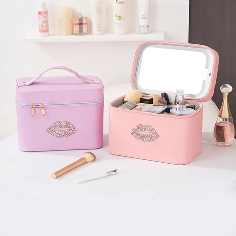Borsa Per Trucco LED Con Specchio Pelle PU Motivo Labbra In Strass Organizzatore Cosmetico Professionale Viaggio Custodia