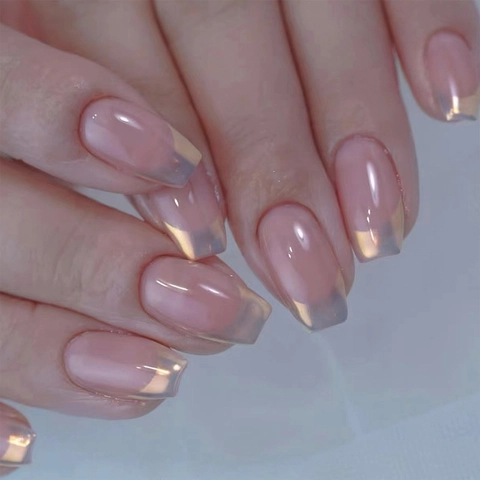 Unghie Finte Press On Aurora Blush Pink French Tip Stile Balletto Lusso Elegante Lucido Copertura Totale Decorazione