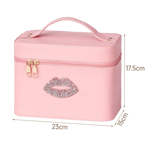 Borsa Per Trucco LED Con Specchio Pelle PU Motivo Labbra In Strass Organizzatore Cosmetico Professionale Viaggio Custodia