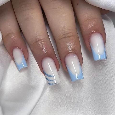 French Press On Nails Blue White Contrast Glitter Stripes Square Head Elegant Manicure For Women