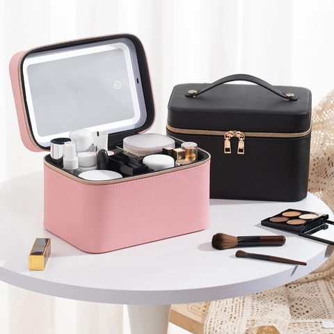 Portable Makeup Bag PU Leather With LED Mirror Lighted Travel Cosmetic Case Waterproof Adjustable Dividers Storage Box