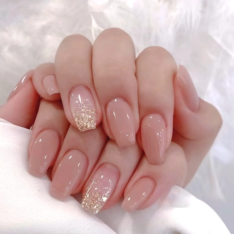Unghie Finte Corte Balletto Rosa Nude Colore Solido Glitter Oro Lucido Moda Unghie Artificiali Per Donne
