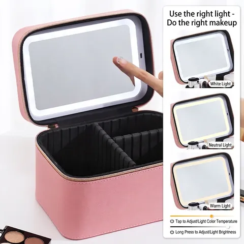 Portable Makeup Bag PU Leather With LED Mirror Lighted Travel Cosmetic Case Waterproof Adjustable Dividers Storage Box