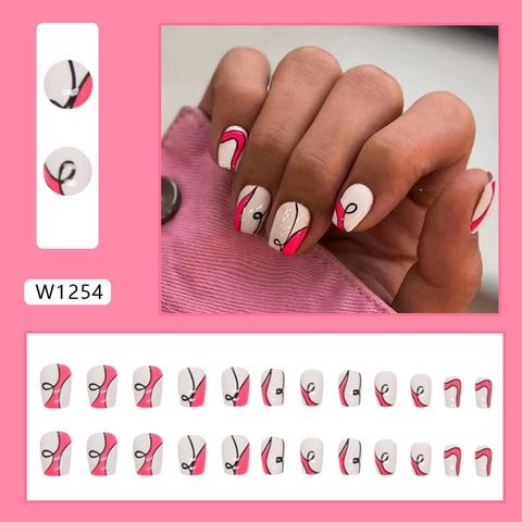 Kurze Ballerina Press On Nägel Barbie Pink Schwarz Abstrakt Kurve Welle Muster Tragbare Künstliche Fingernägel Für Damen