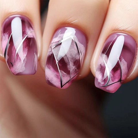 Paars Rode Marmeren Press On Nails Korte Coffin Vorm Kunstnagels Met Zilveren Geometrische Lijnen Glanzende Afwerking Voor Dames