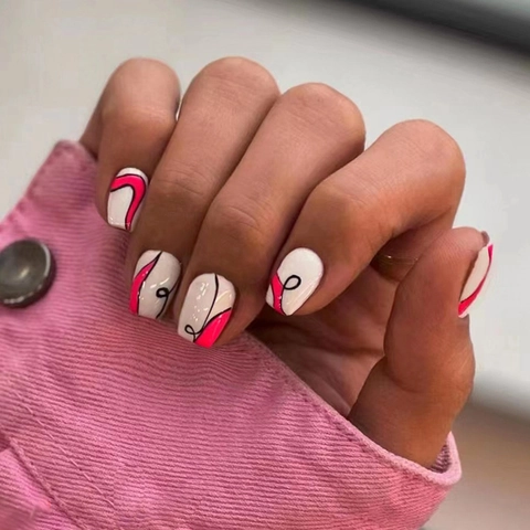 Kurze Ballerina Press On Nägel Barbie Pink Schwarz Abstrakt Kurve Welle Muster Tragbare Künstliche Fingernägel Für Damen