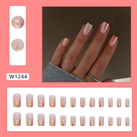 Square Press On Nails Vertical Striped Colorful Artificial Fingernails Medium Long Pink Base Trendy Manicure For Women