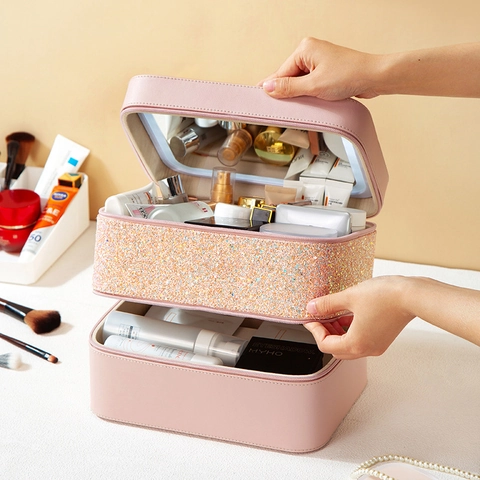 Professional Makeup Case PU Leather Glitter Double Layer Portable Large Capacity With Three Color LED Mirror Vanity