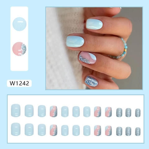 Unghie Press On Blu Cielo Glitterate Corte Quadrate Rotonde Lucide Stile Ins Estate Fresco Blu Argento Rosa Onde