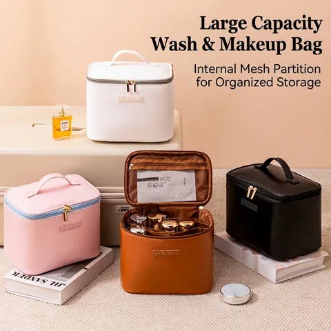 Large Capacity Makeup Bag Pu Leather Waterproof Travel Toiletry Organizer With Handle Portable Multi Compartments Dual Zippers