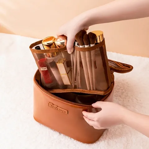 Large Capacity Makeup Bag Pu Leather Waterproof Travel Toiletry Organizer With Handle Portable Multi Compartments Dual Zippers