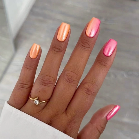 Gradient Aurora Press On Nails Pink Orange Artificial Pearl Shine Finish Short Square False Nails Women Daily Professional Manicure