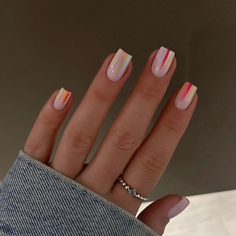 Square Press On Nails Vertical Striped Colorful Artificial Fingernails Medium Long Pink Base Trendy Manicure For Women