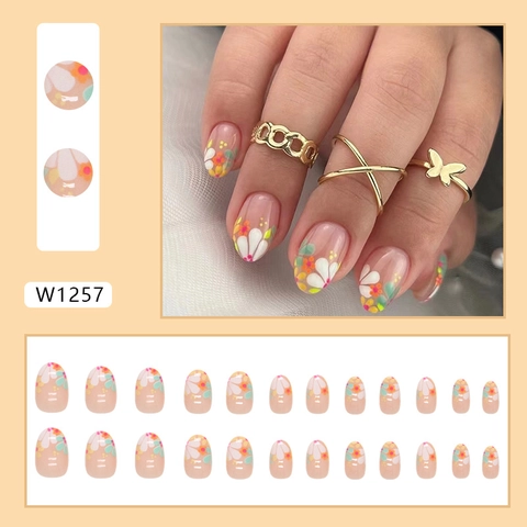 W1257 Faux Ongles À Presser Ovales Motif Fleurs Colorées Base Nude Style Doux Frais Manucure DIY Femmes Design Floral