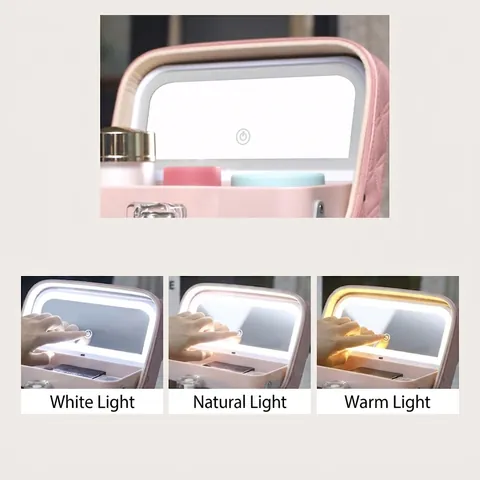 Borsa Trucco Specchio LED Pelle PU Trapuntata Valigetta Cosmetica Portatile Ricaricabile Organizzatore Viaggio Professionale