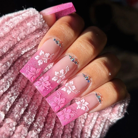 Pink Gradient Cherry Blossom Press On Nails Long Square Glitter Rhinestone Floral Pattern False Nails For Women