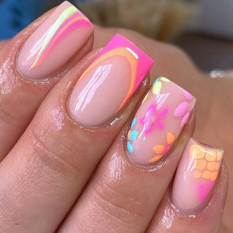 Plastic Press On Nails Square Medium Long Floral Wave Pattern French Sweet Ins Style Artificial Fake Nails For Women