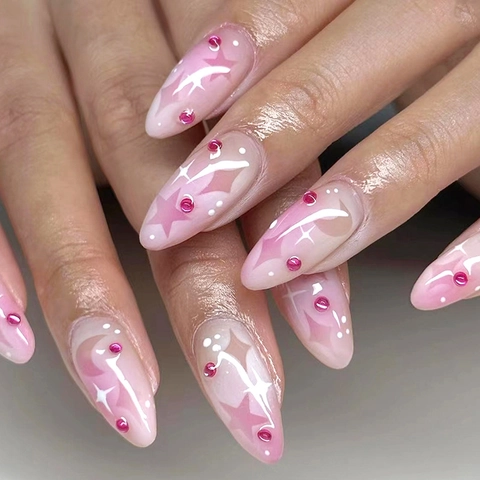 Faux Ongles Dégradé Rose Violet Étoile Lune Forme Amande Doux INS Style Décor Strass Élégant Femmes