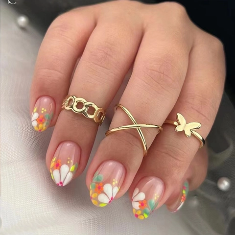 W1257 Faux Ongles À Presser Ovales Motif Fleurs Colorées Base Nude Style Doux Frais Manucure DIY Femmes Design Floral