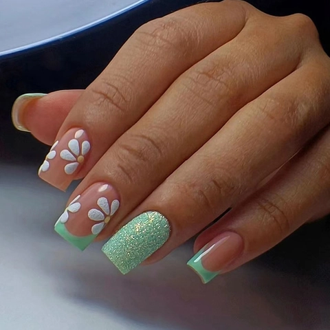 French Tip Square Press On Nails Mint Green Daisy Flower Glitter Glossy False Nails For Women