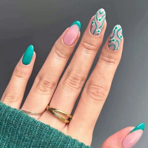Almond Shape Press On Nails French Vine Flower Pattern Nude Pink Green Glossy Artificial Fake Nails Elegant For Women