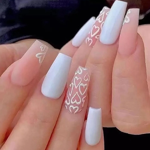 Unghie Finte Lunghe Forma Bara Bianco Rosa Glitter Cuore Stile Balletto Rimovibili Per Donne Copertura Totale