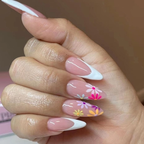 Press On Nails White French Tip Colorful Floral Almond Shape Artificial False Finger Nails Sweet Girl Style Glue On