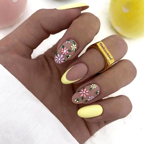 Uñas Postizas Press On Forma Almendra Amarillo Mate Diseño Floral French Tip Retro Elegante Manicura Mujer