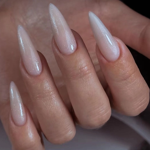 Uñas Postizas Press On Forma De Stiletto Larga Aurora Shimmer Nude Rosa Brillante Removible Para Mujeres Moda Manicura Arte