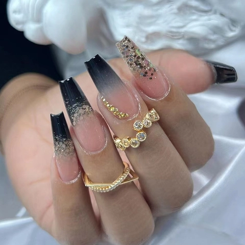 Zwarte Ombre Coffin Press On Nails Lange Ballerina Kunstnagels Met Zilveren Glitter Lovertjes Steentjes Voor Dames