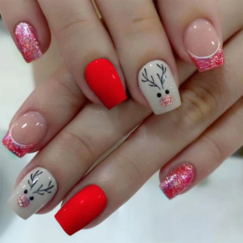 Uñas Postizas Cortas Ballet Navidad Reno Alce Patrón Rojo Rosa Blanco Brillo Lindo Francés Arte De Vacaciones Para Mujeres