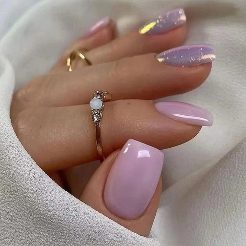 Paars Aurora Glitter Korte Plaknagels Glanzend Zoet INS Stijl Kunstnagels Voor Vrouwen