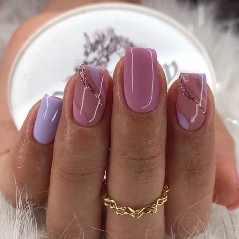 Unghie Finte Quadrate Con Motivo A Onde Rosa Viola Glitter Argento Unghie Artificiali Per Donne Moda Elegante