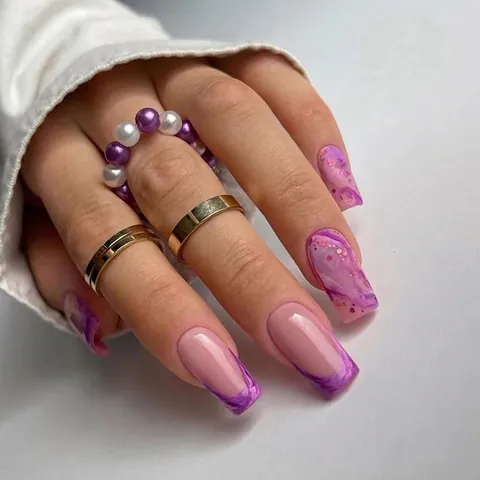 Press On Nails Purple Grape Smudge Marble Texture Matte Square Medium Long Glitter Artificial False Nails For Women