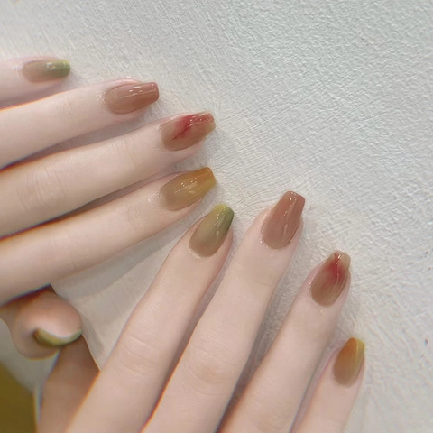 Smudge Marble Press On Nails Coffin Shape Short Ballerina Glossy Artificial Fake Nails Manicure For Women