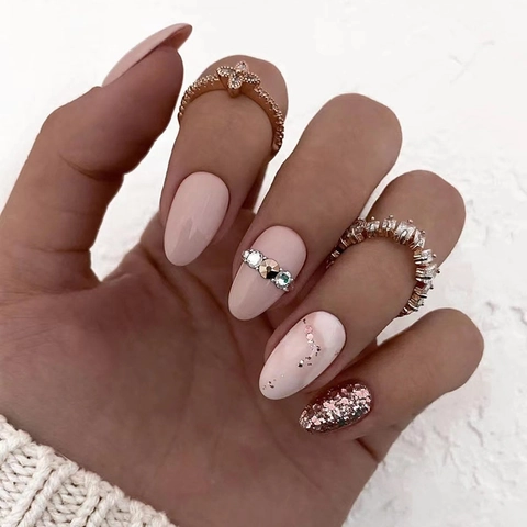 Faux Ongles Ovales Rose Pêche À Coller Motif Marbré Paillettes Étincelantes Strass Manucure Pour Femmes
