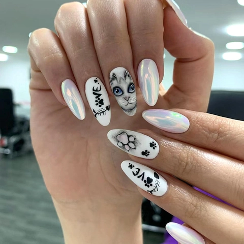 Almond Press On Nails Largo Patrón De Gato Pintado A Mano Acabado Perla Artificial Aurora Uñas Postizas Lindas Y De Moda Para Mujer Halloween