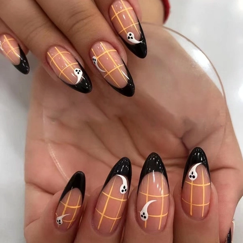 Halloween Press On Nails Almond Shape Black French Tips Orange Grid White Ghost Patterns Resin Artificial False Nails For Women