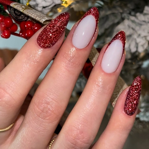 Wine Red Glitter Press On Nails Long Almond Shape French Tip Artificial False Fingernails For Women Festive Party Style