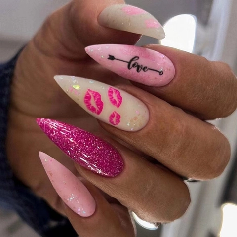Unghie Finte Press On Long Stiletto Rosa Motivo Cuore Stella Stampa Love Luccicante Manicure Dolce Moda Per Donne