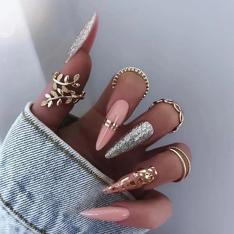 Stiletto Press On Nails Pink Leopard Print Gold Foil Line Silver Glitter Long Artificial Fingernails For Women Fashion