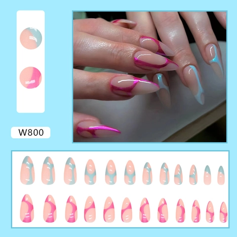 Uñas Postizas Largas Almendra Press On Nails Aurora Doble Color Patrón Onda Resina Brillante Para Mujeres