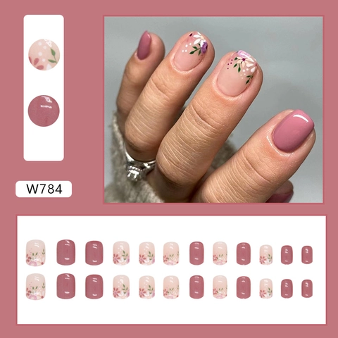 Short Press On Nails Pink Vintage Floral Plastic Artificial False Nail Tips Glossy Sweet Style Flower For Women