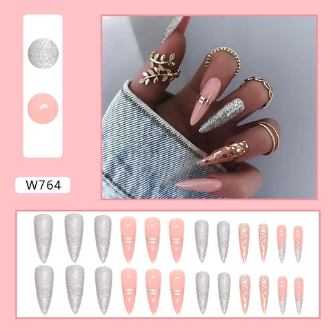 Stiletto Press On Nails Pink Leopard Print Gold Foil Line Silver Glitter Long Artificial Fingernails For Women Fashion