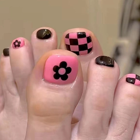 Checkerboard Pink Black Press On Toenails Flower Pattern Square Head Full Cover Detachable False Toe Nails Women Pedicure