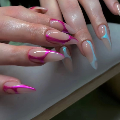 Uñas Postizas Largas Almendra Press On Nails Aurora Doble Color Patrón Onda Resina Brillante Para Mujeres